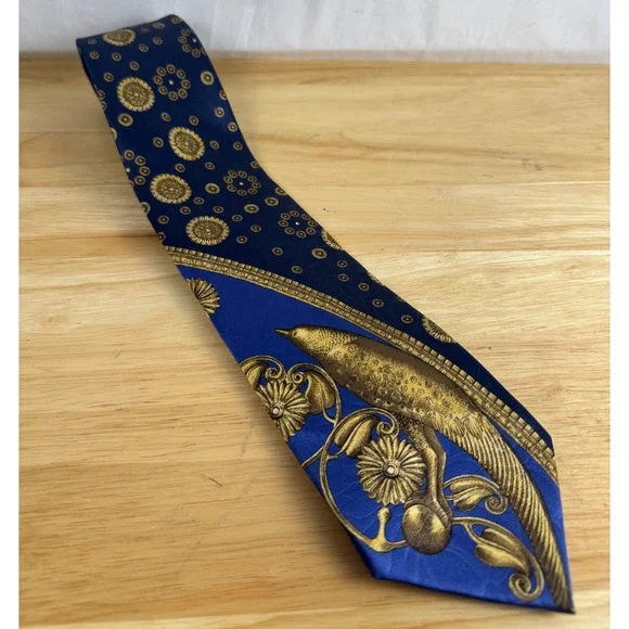 LANVIN Men's Designer Paris Made in France Gold Blue Bird Silk Tie - Picture 2 of 6